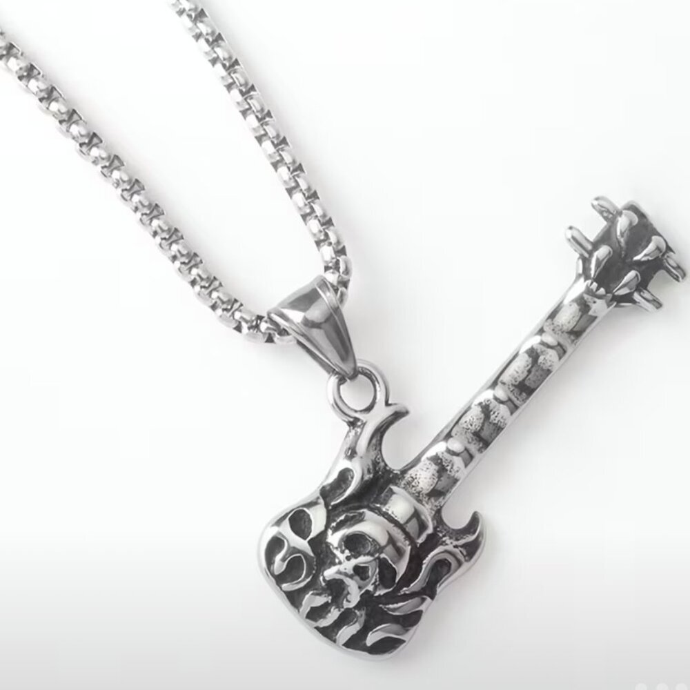 Flaming Guitar with Skull Rocker Necklace and Pendant 1558
